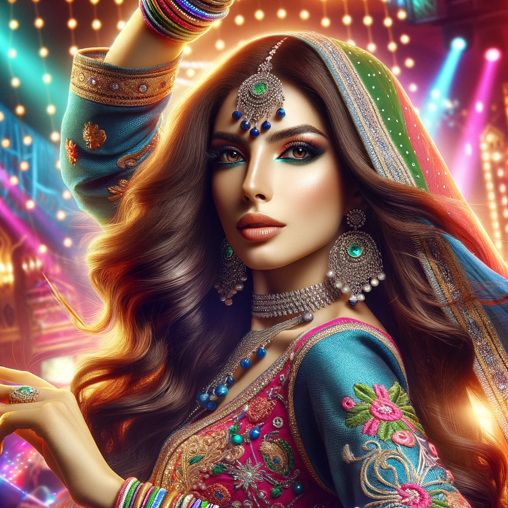 Pakistani female dancer performing in a vibrant nightclub setting. The dancer should be dressed Pakistani female dancer performing in a vibrant nightclub setting. The dancer should be dressed