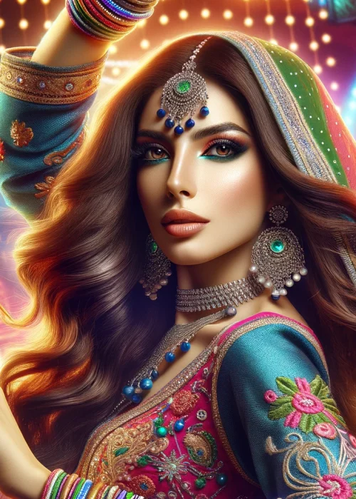 Pakistani female dancer performing in a vibrant nightclub setting. The dancer should be dressed
